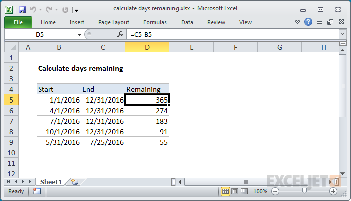 Calculate days remaining Excel formula Exceljet